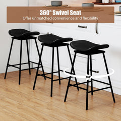 Set of 2 Backless Swivel Saddle Bar Stools in Black with Metal Frames, 28 Inch Seat