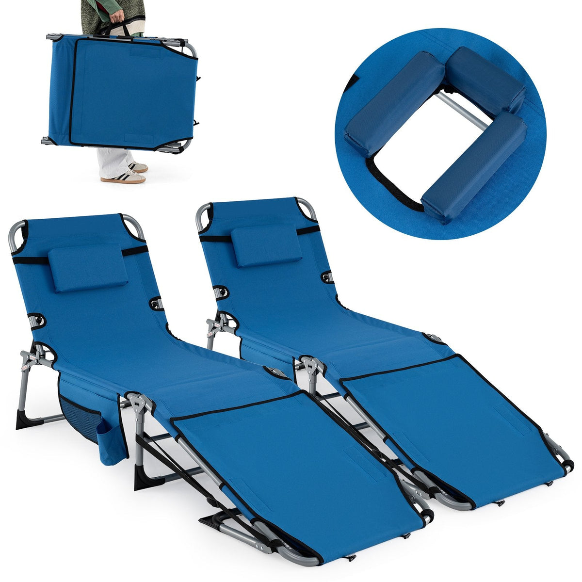 Set of 2 Folding Tanning Chairs with 4 Level Backrests, Blue