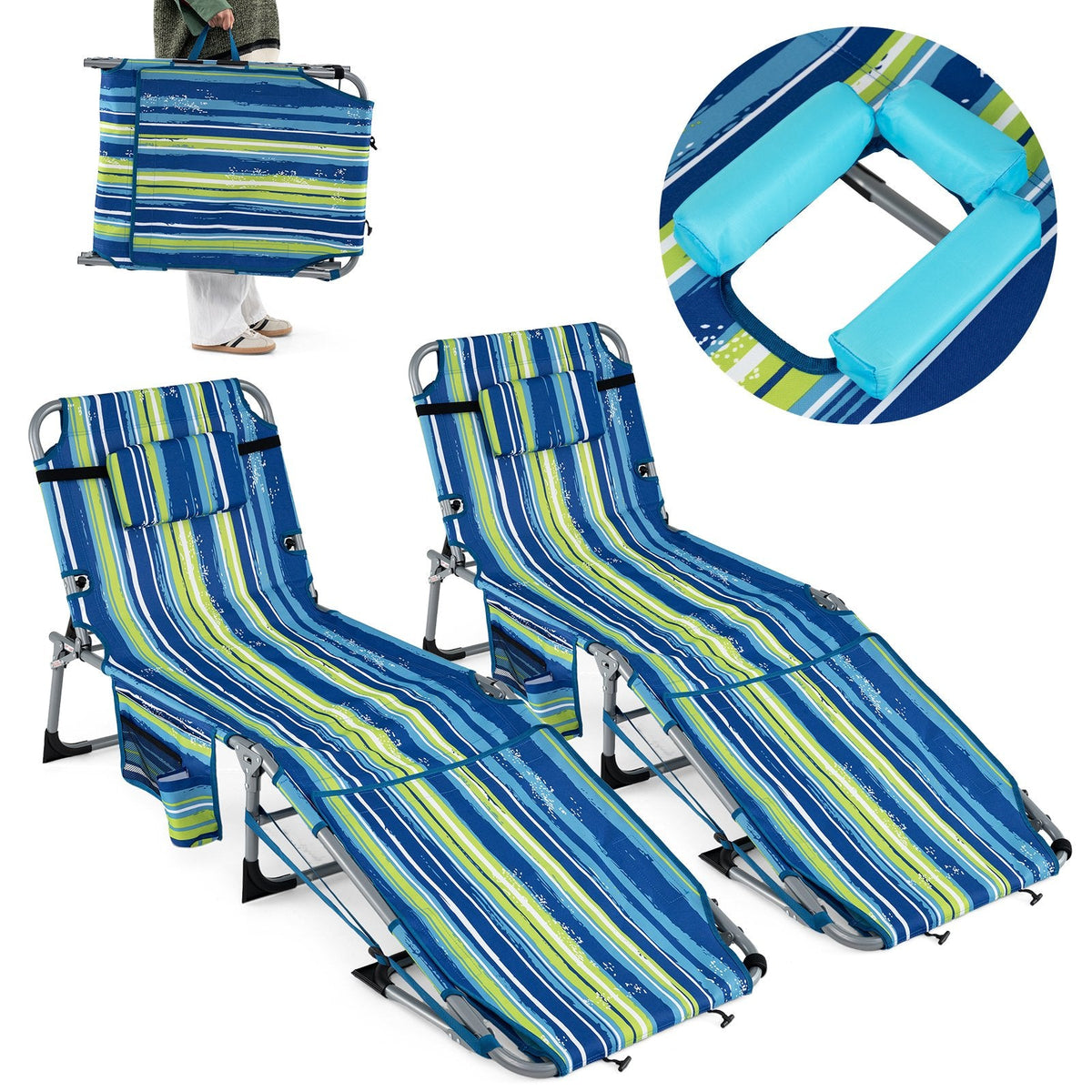 Set of 2 Folding Beach Tanning Chairs with Shoulder Straps, Blue and Green Stripe