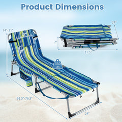 Set of 2 Folding Beach Tanning Chairs with Shoulder Straps, Blue and Green Stripe