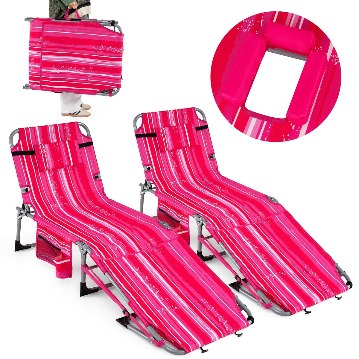 Set of 2 Folding Tanning Chairs with Locking Backrests, Pink Stripe