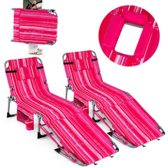 Set of 2 Folding Tanning Chairs with Locking Backrests, Pink Stripe