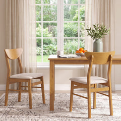 Set of 2 Dining Chairs with Curved Wood Backrest and Upholstered Seat, Natural Rubber Wood