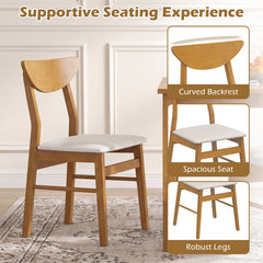 Set of 2 Dining Chairs with Curved Wood Backrest and Upholstered Seat, Natural Rubber Wood