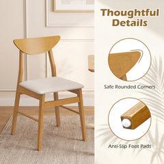 Set of 2 Dining Chairs with Curved Wood Backrest and Upholstered Seat, Natural Rubber Wood