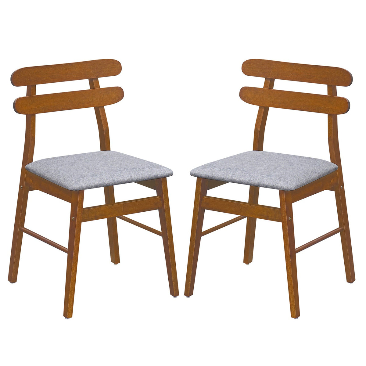 Set of 2 Walnut Dining Chairs with Twin Rail Back and Padded Grey Seat