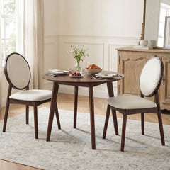 Set of 2 Round Back Dining Chairs, Beige Linen with Walnut Rubber Wood Legs