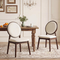 Set of 2 Round Back Dining Chairs, Beige Linen with Walnut Rubber Wood Legs
