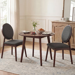 Set of 2 Round Back Dining Chairs, Charcoal Linen with Walnut Rubber Wood Legs