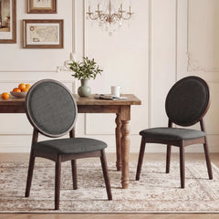 Set of 2 Round Back Dining Chairs, Charcoal Linen with Walnut Rubber Wood Legs