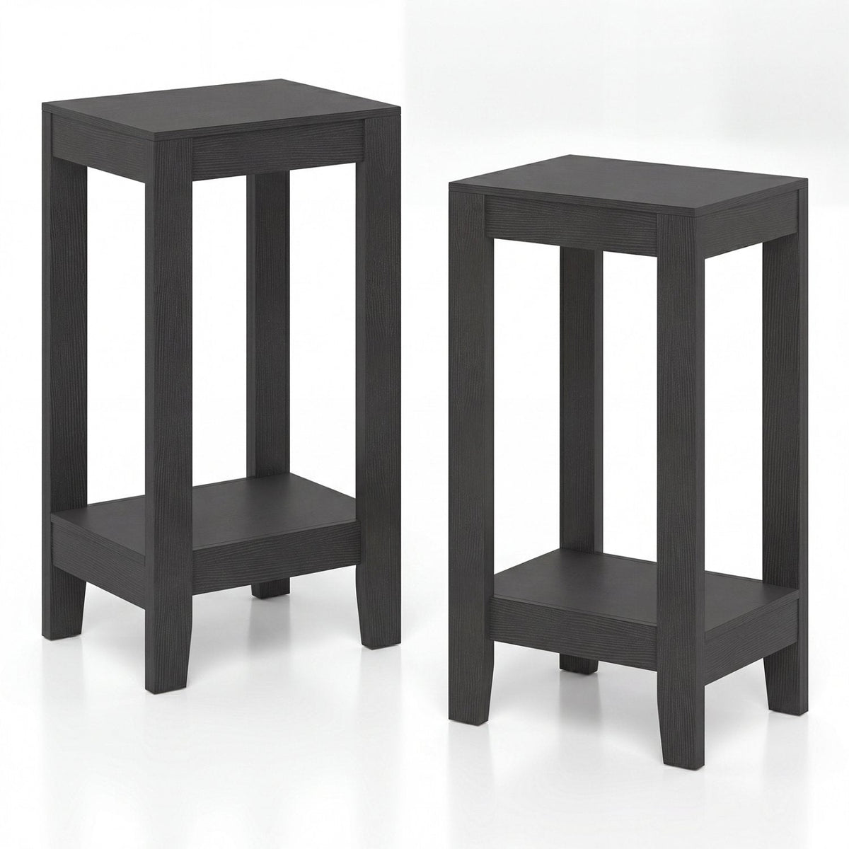 Set of 2 Tall 2 Tier End Tables with Solid Wood Legs, Black