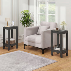 Set of 2 Tall 2 Tier End Tables with Solid Wood Legs, Black