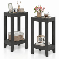Set of 2 Tall 2 Tier End Tables with Solid Wood Legs, Black