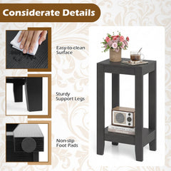 Set of 2 Tall 2 Tier End Tables with Solid Wood Legs, Black