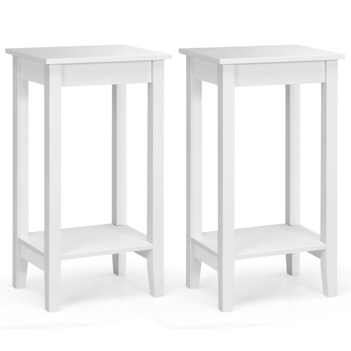 Set of 2 Tall 2 Tier End Tables with Solid Wood Legs, White