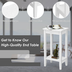 Set of 2 Tall 2 Tier End Tables with Solid Wood Legs, White