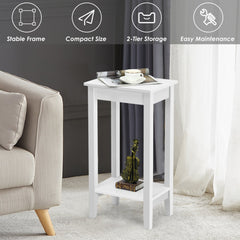 Set of 2 Tall 2 Tier End Tables with Solid Wood Legs, White