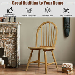 Set of 2 Windsor Spindle Back Dining Chairs, Natural Solid Rubber Wood