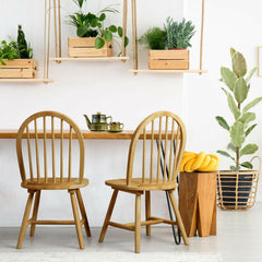 Set of 2 Windsor Spindle Back Dining Chairs, Natural Solid Rubber Wood