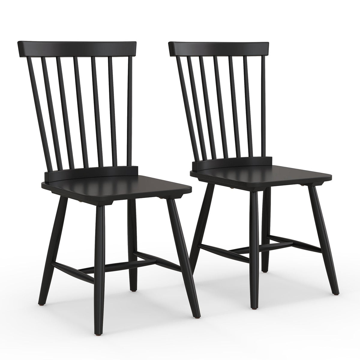 Set of 2 Windsor Dining Chairs with 20 Inch Spindle Back, Black Rubber Wood