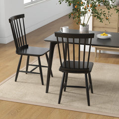 Set of 2 Windsor Dining Chairs with 20 Inch Spindle Back, Black Rubber Wood