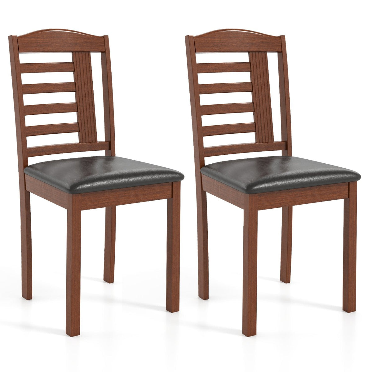 Set of 2 Ladder Back Kitchen Chairs, Oak Toned Rubber Wood with Black PU Leather Seat