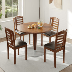 Set of 2 Ladder Back Kitchen Chairs, Oak Toned Rubber Wood with Black PU Leather Seat