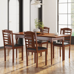 Set of 2 Ladder Back Kitchen Chairs, Oak Toned Rubber Wood with Black PU Leather Seat