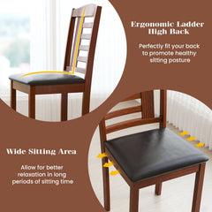 Set of 2 Ladder Back Kitchen Chairs, Oak Toned Rubber Wood with Black PU Leather Seat