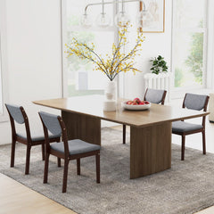 Set of 2 Kitchen Chairs with Padded Grey Linen Back and Seat, Brown Rubber Wood