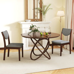 Set of 2 Kitchen Chairs with Padded Grey Linen Back and Seat, Brown Rubber Wood