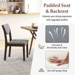 Set of 2 Kitchen Chairs with Padded Grey Linen Back and Seat, Brown Rubber Wood
