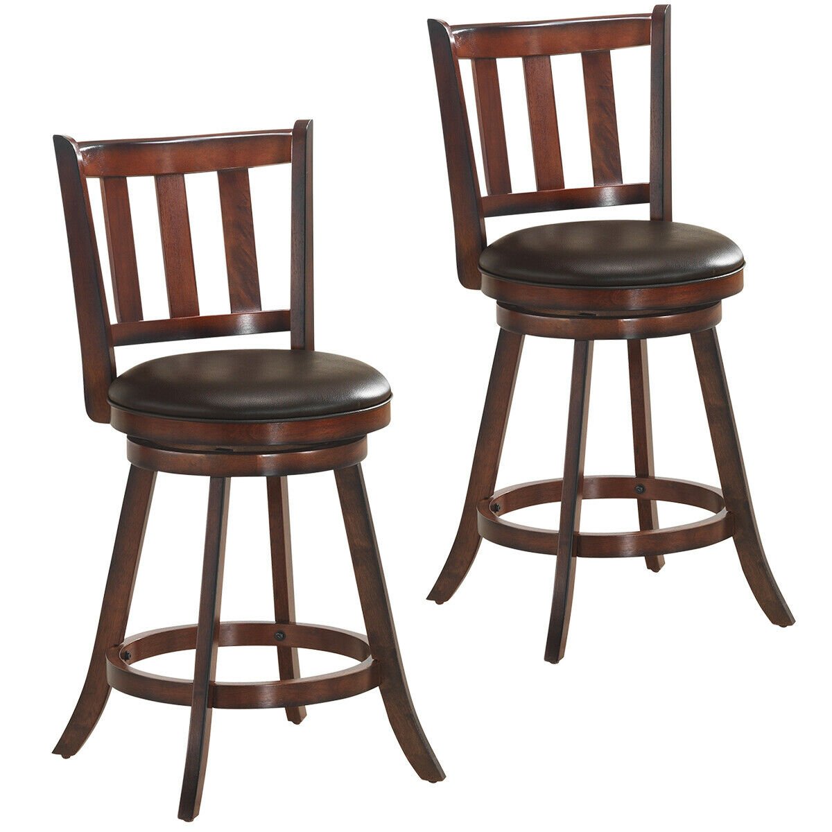 Set of 2 Slat Back Swivel Counter Stools in Nut Brown, 25 Inch Seat Height