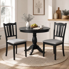 Set of 2 Black Wooden Dining Chairs with Hollow Back and Padded Grey Seat