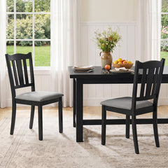 Set of 2 Black Wooden Dining Chairs with Hollow Back and Padded Grey Seat