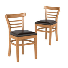 Set of 2 Low Ladder Back Dining Chairs, Natural Rubber Wood with Brown PU Leather Seat