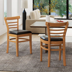 Set of 2 Low Ladder Back Dining Chairs, Natural Rubber Wood with Brown PU Leather Seat