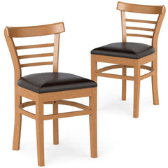Set of 2 Low Ladder Back Dining Chairs, Natural Rubber Wood with Brown PU Leather Seat