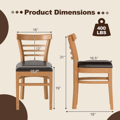 Set of 2 Low Ladder Back Dining Chairs, Natural Rubber Wood with Brown PU Leather Seat
