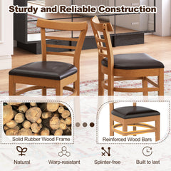 Set of 2 Low Ladder Back Dining Chairs, Natural Rubber Wood with Brown PU Leather Seat