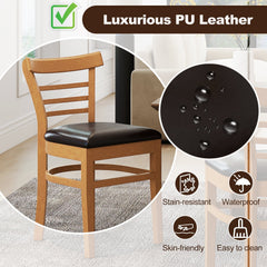 Set of 2 Low Ladder Back Dining Chairs, Natural Rubber Wood with Brown PU Leather Seat