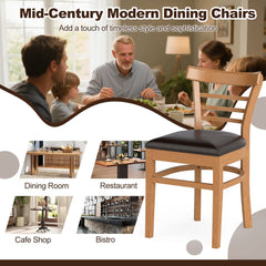 Set of 2 Low Ladder Back Dining Chairs, Natural Rubber Wood with Brown PU Leather Seat