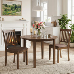 Set of 2 Walnut Slat Back Dining Chairs with Padded Taupe Linen Look Seat