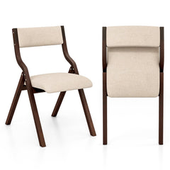 Set of 2 Folding Wooden Dining Chairs with Padded Linen Seat and Back, Coffee