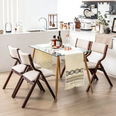 Set of 2 Folding Wooden Dining Chairs with Padded Linen Seat and Back, Coffee