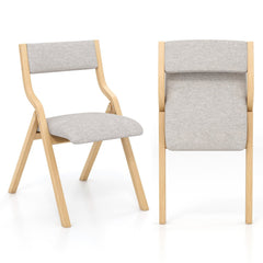 Set of 2 Folding Wooden Dining Chairs with Padded Linen Seat and Back, Natural