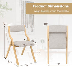 Set of 2 Folding Wooden Dining Chairs with Padded Linen Seat and Back, Natural