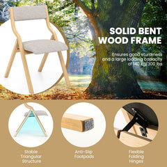 Set of 2 Folding Wooden Dining Chairs with Padded Linen Seat and Back, Natural