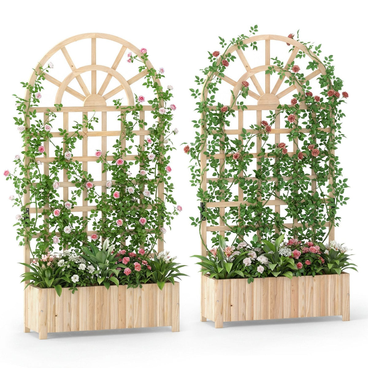 Set of 2 Wooden Raised Garden Bed with Trellis 71 inches Outdoor Planter Box Privacy Screen-Natural