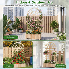 Set of 2 Wooden Raised Garden Bed with Trellis 71 inches Outdoor Planter Box Privacy Screen-Natural